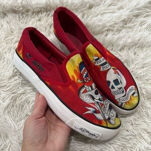 ED HARDY Poppy Red Skull Tattoo You Slip On Shoes - size 10